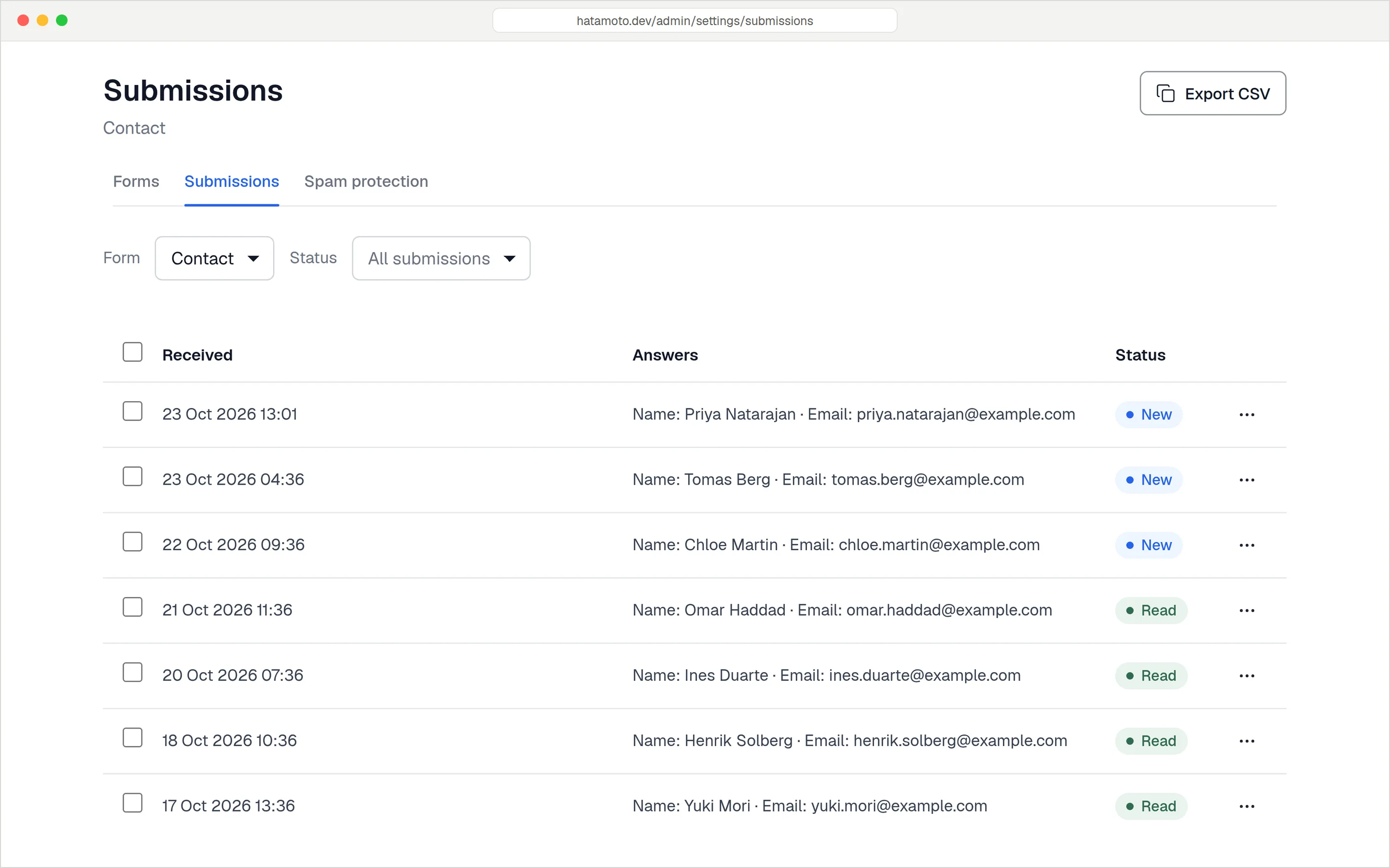 Form submissions for the Contact form with an Export CSV button.