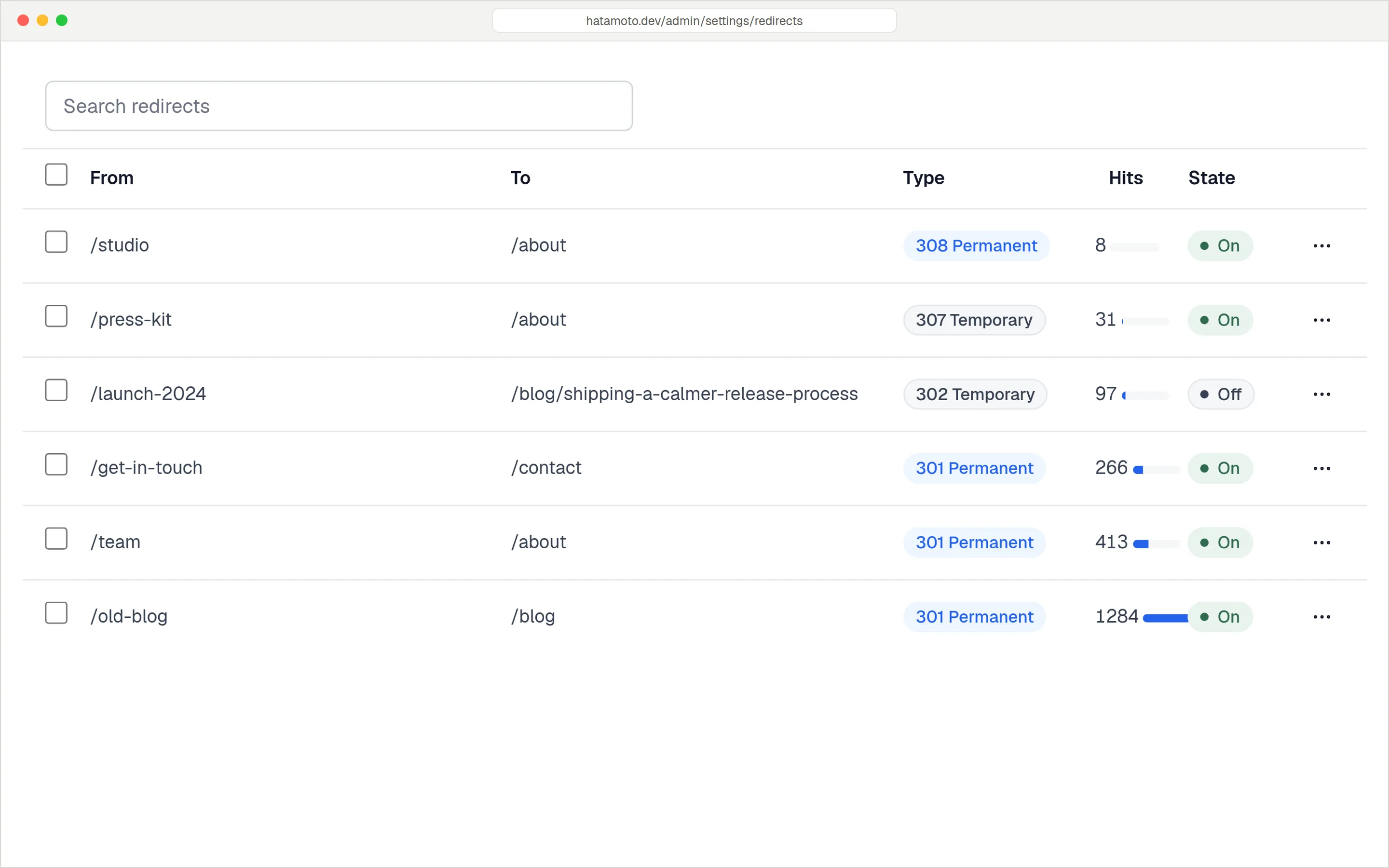 Redirect rules list with from, to, type, hits and state.