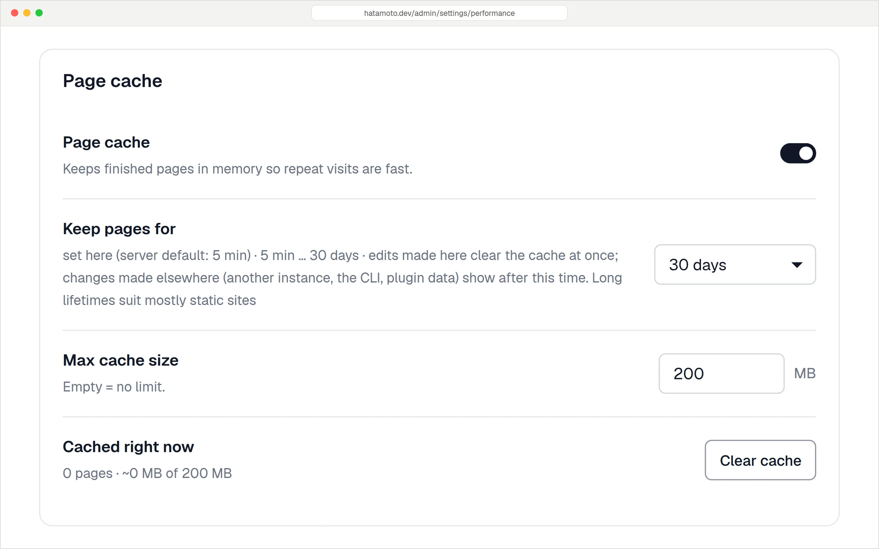 Page cache settings: on, keep pages for 30 days, max cache size 200 MB.