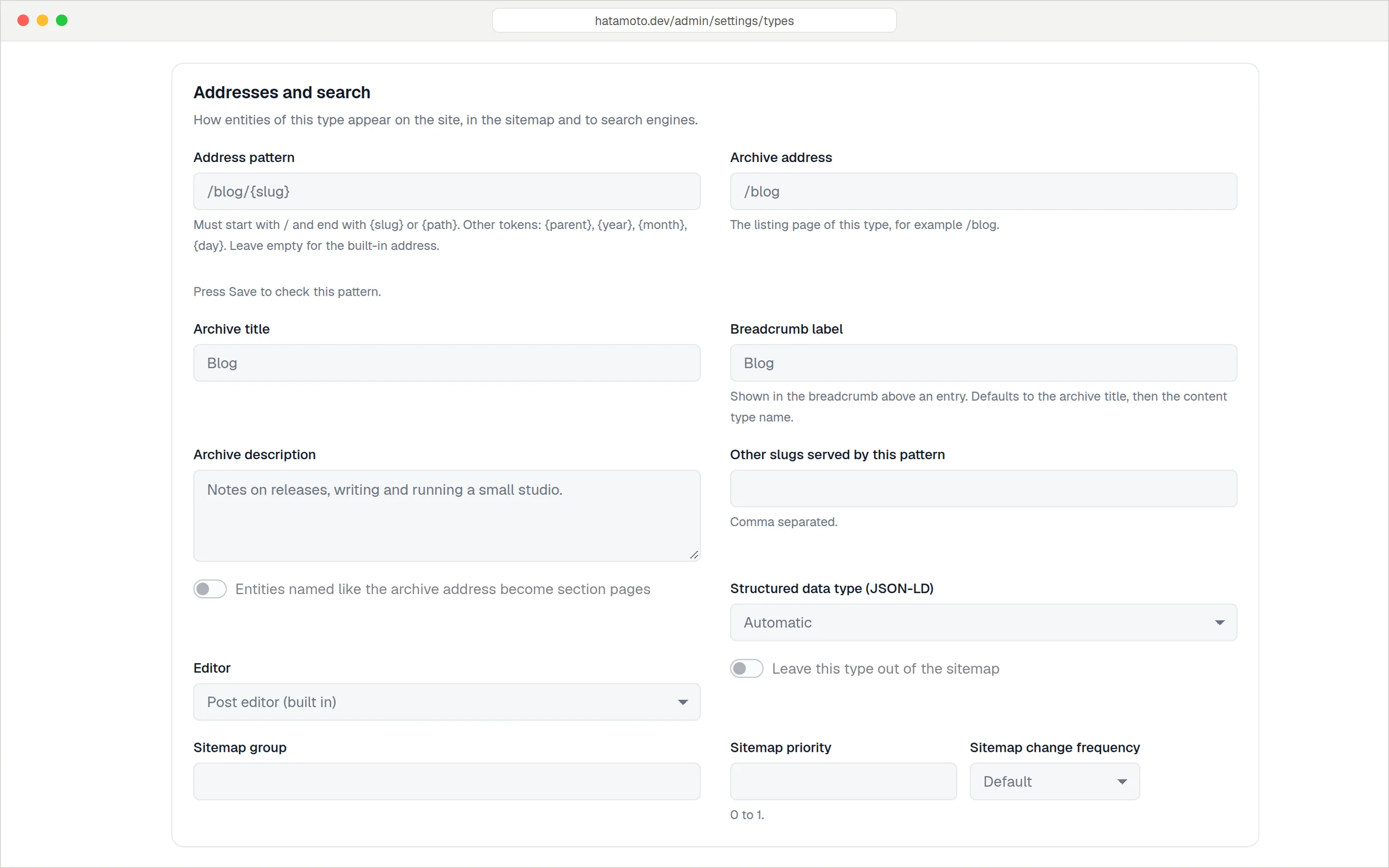 Content type settings: address pattern, archive address, archive title and breadcrumb label.