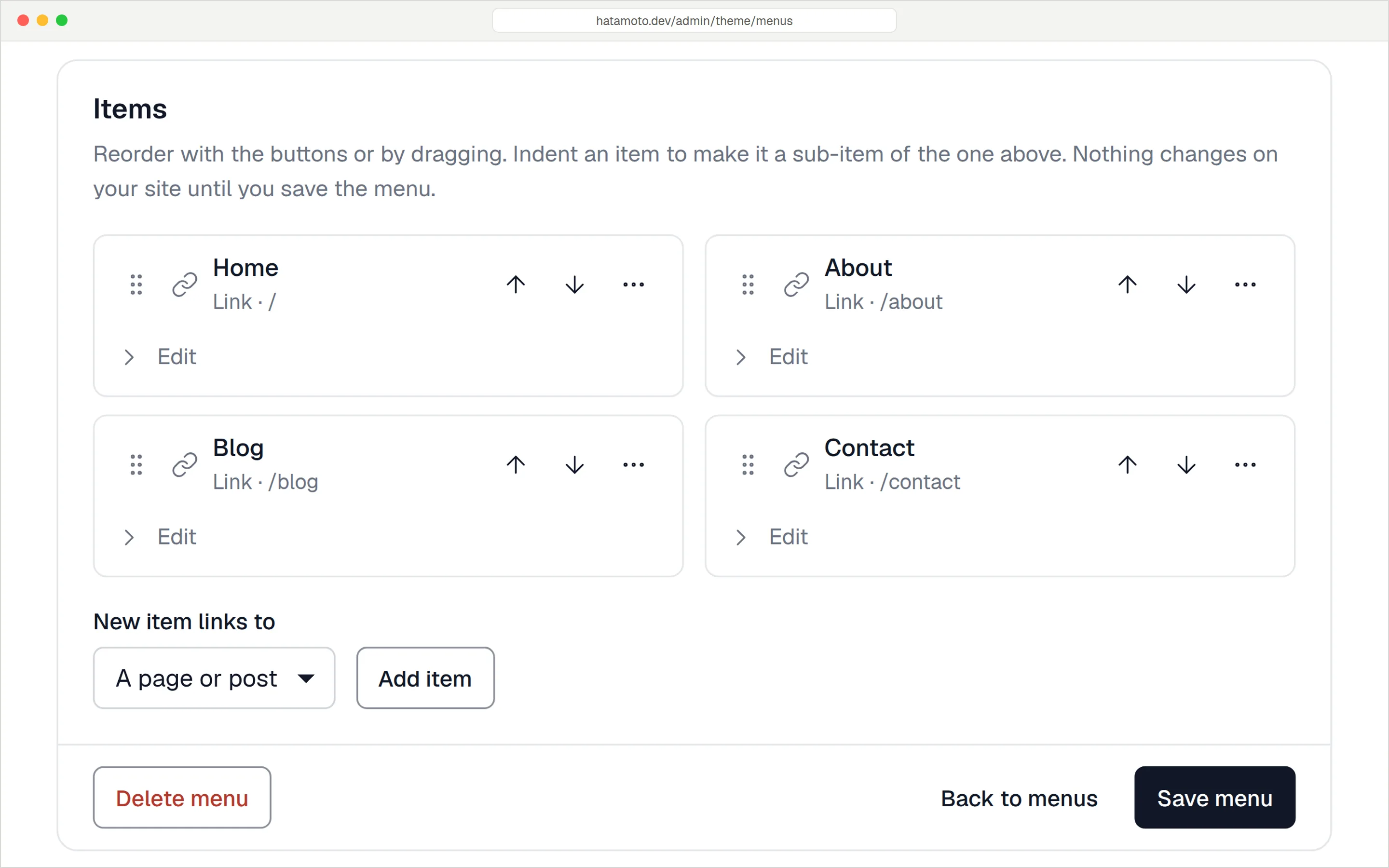 Menu editor with Home, About, Blog and Contact items.