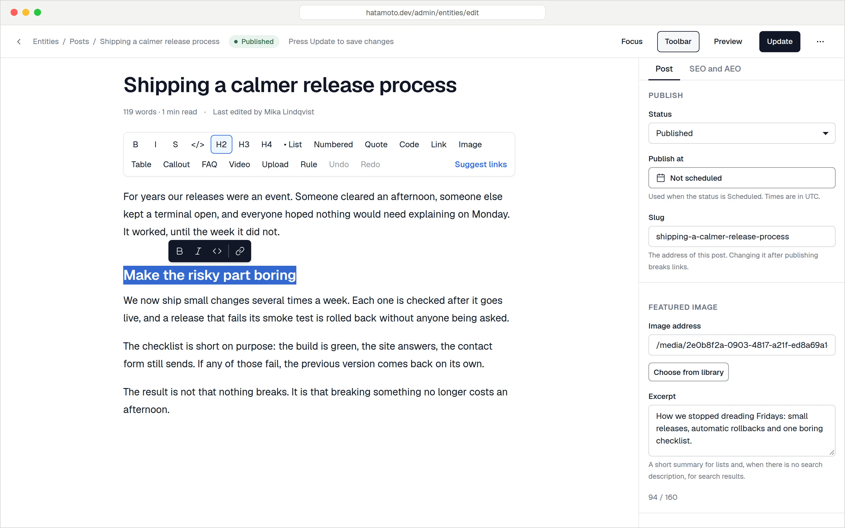 The blog editor with a post open, a formatting toolbar and a side panel for status, schedule, slug and featured image.
